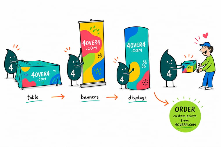 Wally, the 4OVER4 mascot with a 4, standing in a booth between a printed table cover, a retractable banner stand and a tall fabric tube display