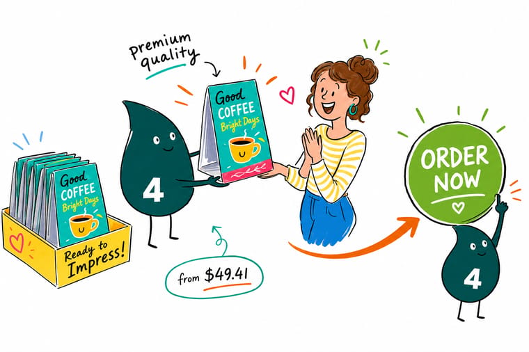 Wally the 4OVER4 mascot setting a compact printed table top display, priced from $49.41, onto a trade show table for a smiling vendor, teal hand-drawn line art.