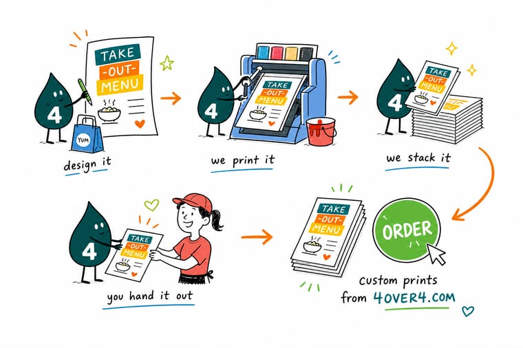 Wally, the 4OVER4 mascot with a 4, folding a printed take-out menu into three panels and sliding it down the side of a delivery bag