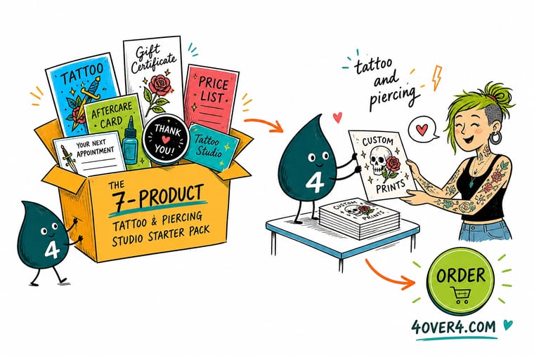 Wally, the 4OVER4 mascot holding a 4, arranging tattoo business cards, flash posters, stickers, and a consent form as one matching studio set