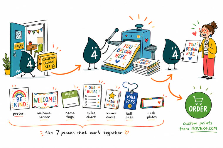 Wally, the 4OVER4 mascot holding a 4, decorating a classroom with themed posters, a welcome banner over the door, and a drawer of reward bookmarks and stickers