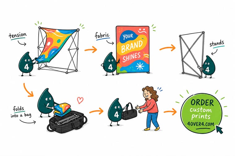 Wally, the 4OVER4 mascot with a 4, stretching a folded fabric panel across an aluminum frame until the creases disappear