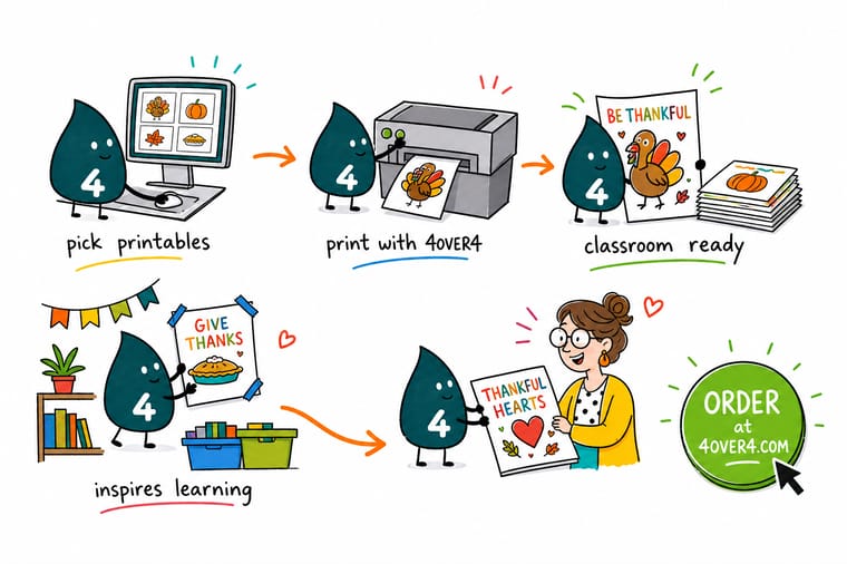Wally, the 4OVER4 mascot with a 4, setting out a classroom Thanksgiving print set across a desk, a wall, and a take-home folder