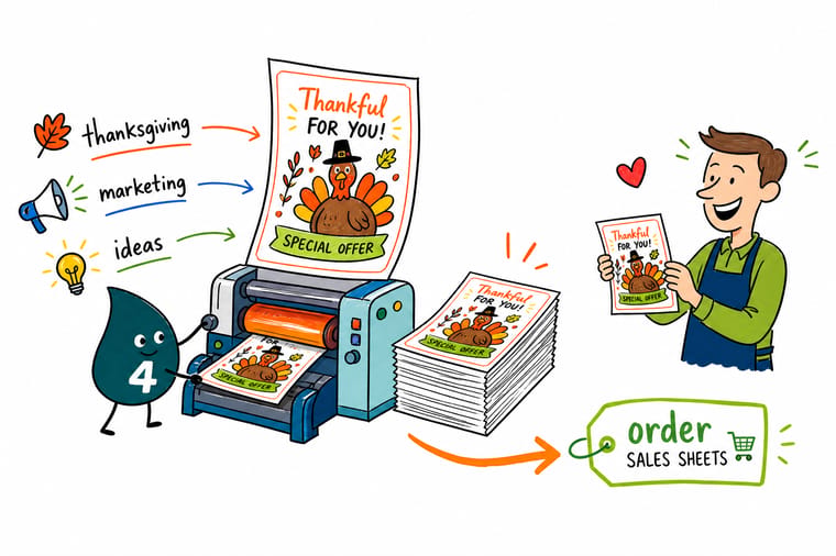 Wally from 4OVER4 mapping a Thanksgiving marketing plan across flyers, thank-you cards, banners, and coasters