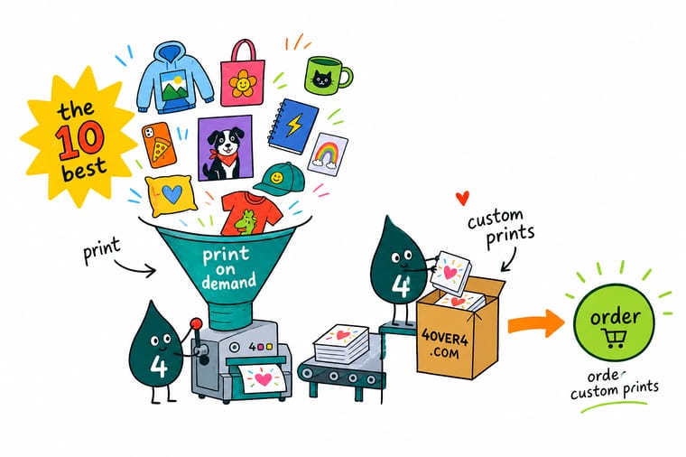 Wally from 4OVER4 sorting print on demand products into a catalog of cards, banners, and branded gifts