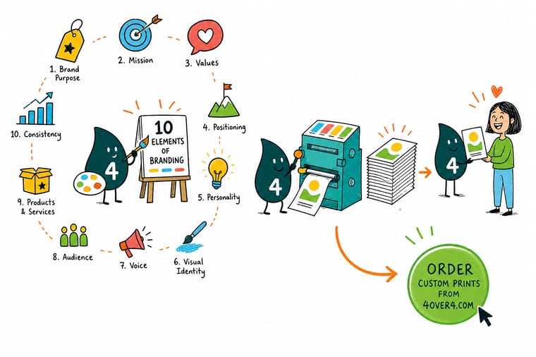 Wally, the 4OVER4 mascot with a 4, laying out ten numbered branding elements around a business card, a letterhead and an envelope