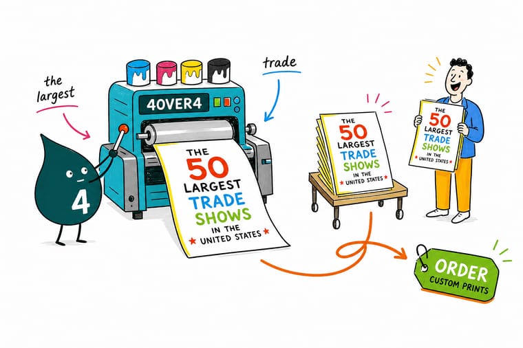 Wally from 4OVER4 pointing at a trade show floor plan while holding a printed booth banner