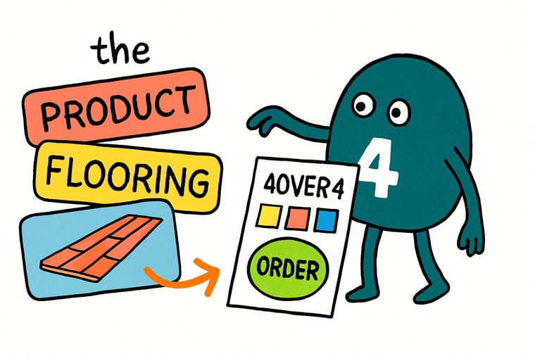 Wally, the 4OVER4 mascot, sticking a printed label onto a flooring adhesive pail beside a stack of plank cartons