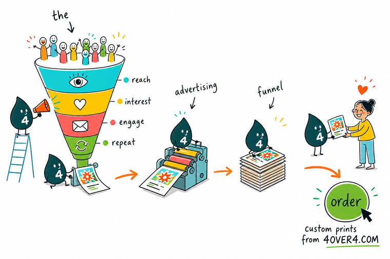Wally, the 4OVER4 mascot with a 4, pouring a crowd into a four stage funnel and catching one customer holding a postcard at the bottom