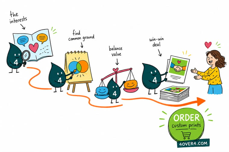 Wally, the 4OVER4 mascot with a 4, sitting at a table with a notepad showing a walkaway number while two offers slide toward the middle