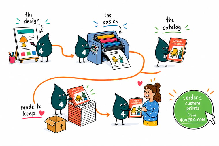 Wally, the 4OVER4 mascot with a 4, folding printed sheets in half and stapling them through the spine into a finished catalog