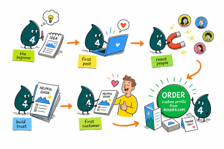 Wally, the 4OVER4 mascot with a 4, answering one customer question and handing the same answer out as a page, an email and a printed brochure