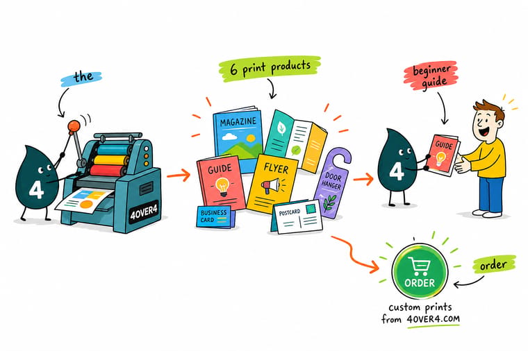 Wally, the 4OVER4 mascot holding a 4, climbing a staircase built from a business card, a postcard, a flyer, a brochure, a newsletter and a booklet to show the six printed content marketing formats