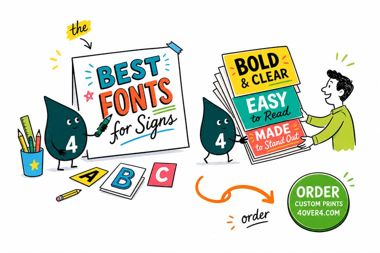 Wally from 4OVER4 comparing sign fonts on a yard sign and an aluminum panel to show which letters read from a distance