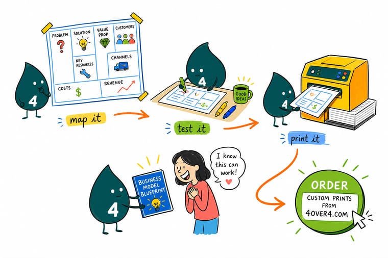 Wally, the 4OVER4 mascot with a 4, filling in nine blocks of a business model blueprint on one sheet and checking whether one customer pays back more than they cost