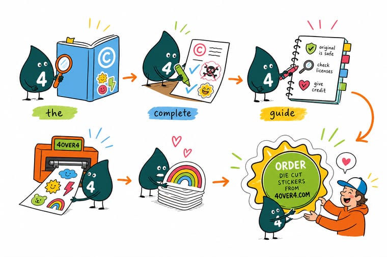 Wally, the 4OVER4 mascot holding a 4, holding up an original sticker design with a green check beside a rejected copied design