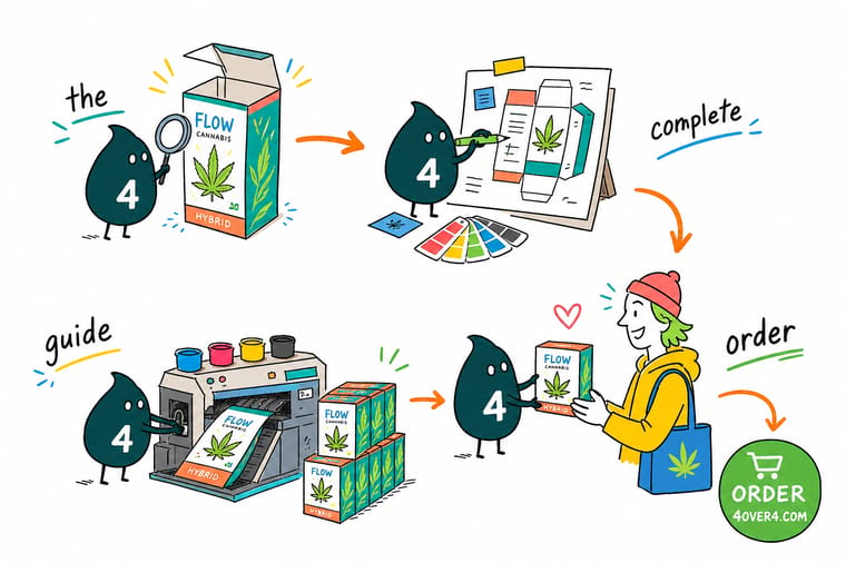 Wally, the 4OVER4 mascot, holding a printed retail box while a matching hang tag, seal sticker, and insert card sit beside it