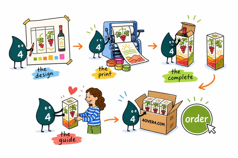 Wally, the 4OVER4 mascot with a 4, measuring a wine bottle against a printed gift box while a label and a neck tag wait beside him