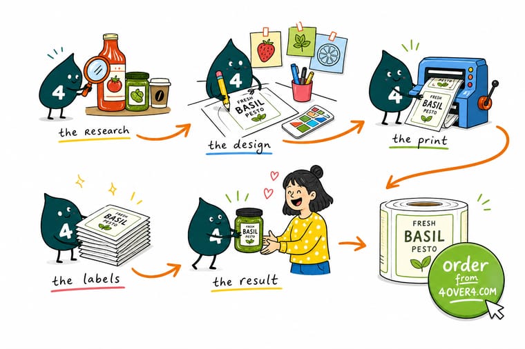 Wally, the 4OVER4 mascot holding a 4, arranging a labeled jar, a menu, and a branded box into one consistent food brand