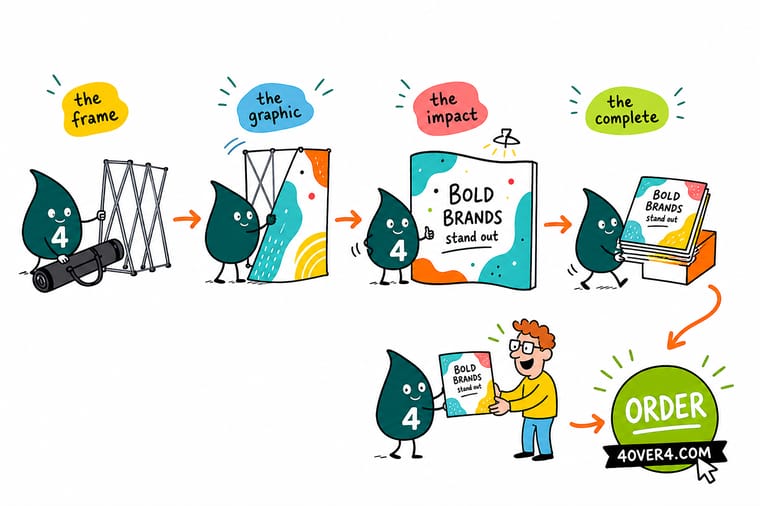 Wally, the 4OVER4 mascot with a 4, raising a retractable banner beside a folded pop up wall at a trade show booth