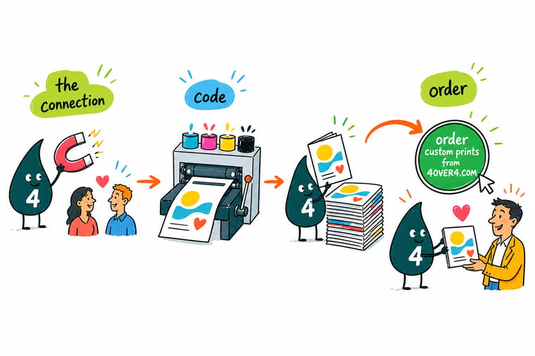 Wally, the 4OVER4 mascot with a 4, writing a detail on the back of a business card right after a handshake so his follow up note has something specific to say