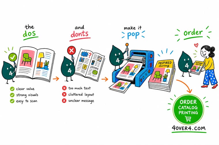 Wally, the 4OVER4 mascot holding a 4, laying products onto a clean catalog grid with a big green order button