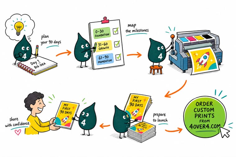 Wally, the 4OVER4 mascot with a 4, standing at a launchpad with a checklist, holding back the printing until the first customer has paid