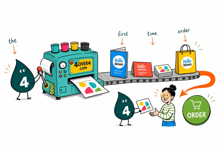 Wally, the 4OVER4 mascot, climbing five numbered steps labeled business cards, postcards, flyers, stickers and banner, showing the order a new business owner should print in