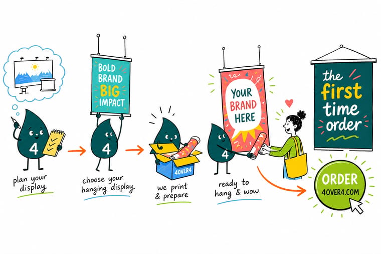 Wally, the 4OVER4 mascot with a 4, ticking off a trade show booth checklist next to a banner stand and table throw