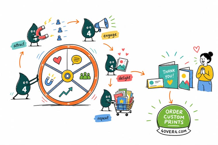 Wally, the 4OVER4 mascot with a 4, pushing a heavy wheel marked attract, engage, delight and refer until it carries its own momentum