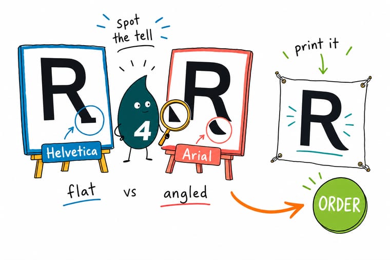 Wally from 4OVER4 comparing Arial and Helvetica letterforms on a printed banner