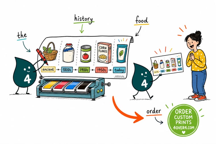 Wally from 4OVER4 walking along a timeline of food packaging from a clay jar to a printed carton