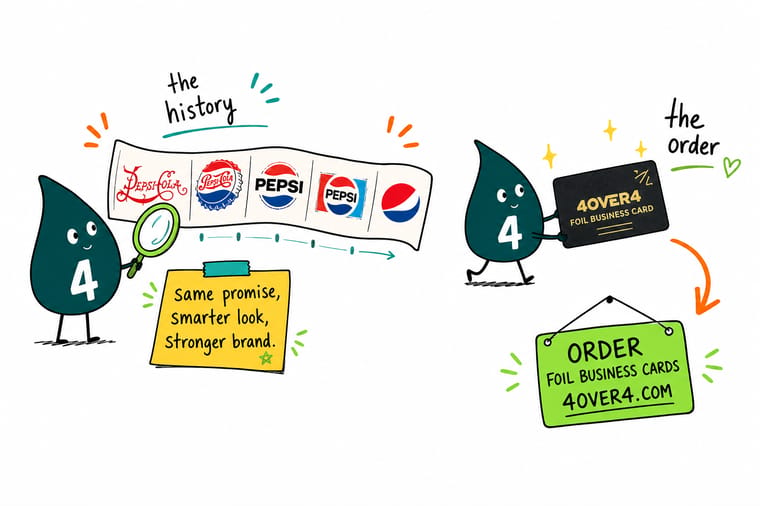 Wally from 4OVER4 studying a logo evolving across eras, then pressing the final simplified mark onto a printed business card