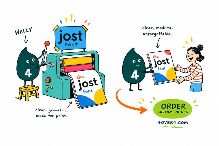Wally from 4OVER4 comparing geometric sans letterforms on a banner, a plastic card, and a small branded product