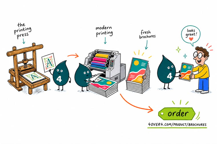 Wally from 4OVER4 showing how the printing press evolved from Gutenberg's movable type to modern offset and digital presses that print business cards, flyers, brochures, and posters