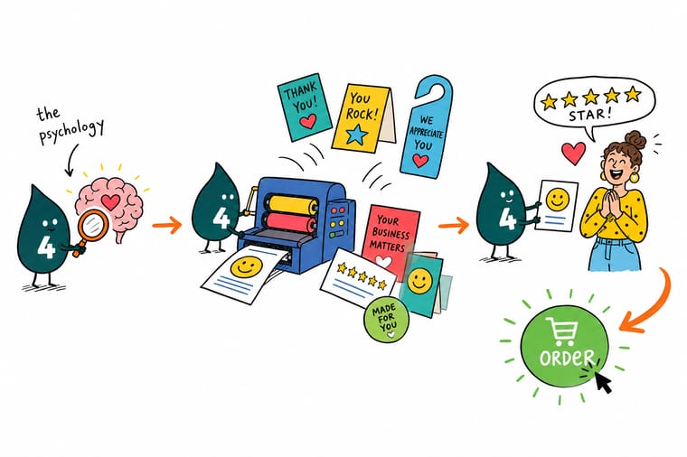 Wally, the 4OVER4 mascot, standing at a shop counter holding a counter card with a large QR code while a customer scans it with a phone, with a business card, a postcard and a table tent laid out beside him