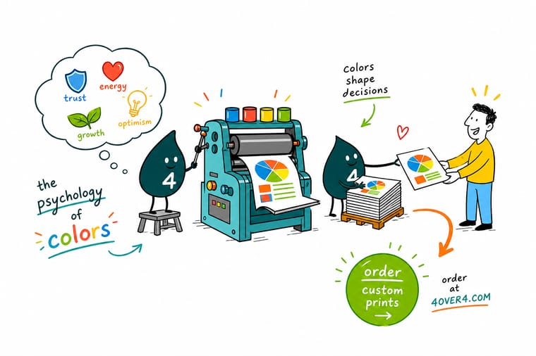 Wally from 4OVER4 choosing one hero brand color and matching it from screen to true ink on a printed card and brochure