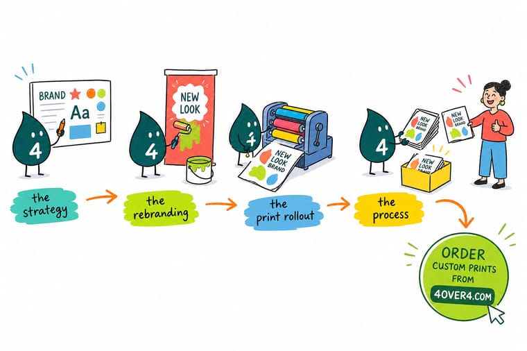 Wally, the 4OVER4 mascot with a 4, sorting rebranded print into three piles: cards and signage first, brochures and letterheads next, envelopes last