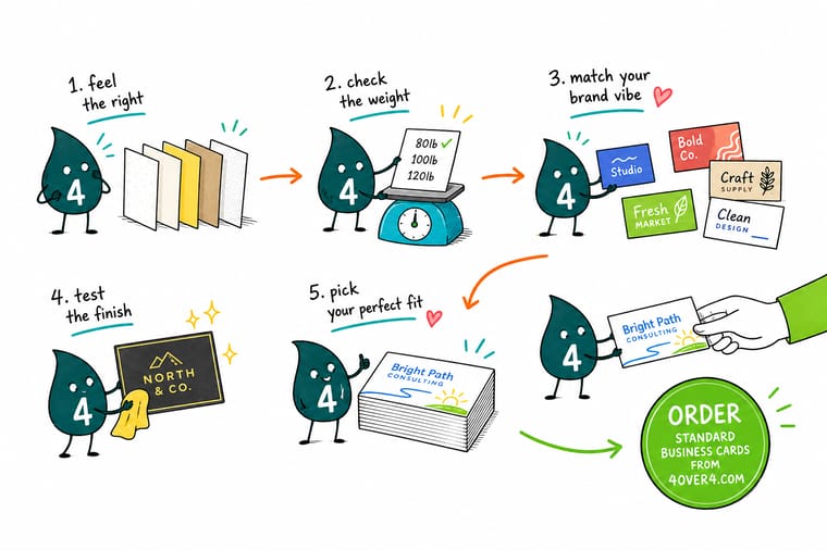 Wally, the 4OVER4 mascot with a 4, weighing a thick premium business card against a thin one to show why cardstock matters