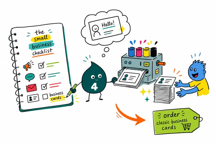 Wally from 4OVER4 walking a small business owner through a marketing checklist, matching each brand touchpoint to a printed asset like business cards, flyers, and banners