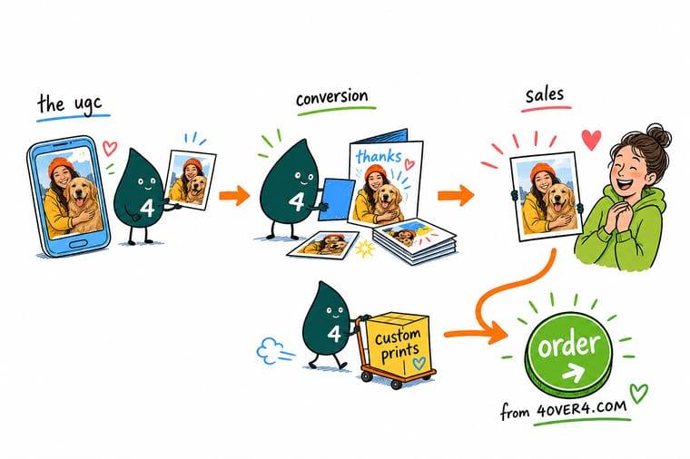 Wally, the 4OVER4 mascot with a 4, dropping a printed ask card into a shipping box while a customer photo comes back and lands on the product page