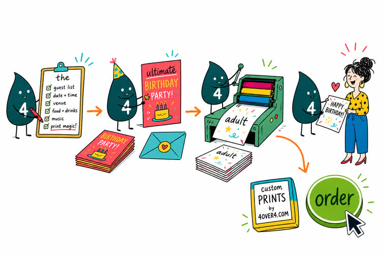 Wally, the 4OVER4 mascot holding a 4, running down a birthday party checklist with invitations, a banner, and thank-you cards