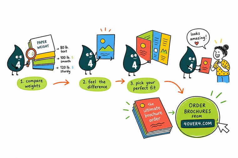 Wally, the 4OVER4 mascot with a 4, weighing two brochure paper stocks to show the difference between text and cover weight