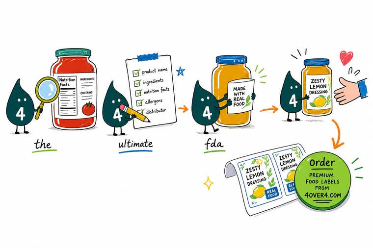 Wally, the 4OVER4 mascot with a 4, holding a food jar and pointing to the net weight and Nutrition Facts on its label