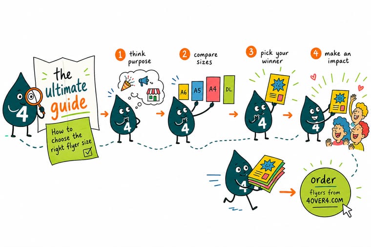 Wally, the 4OVER4 mascot holding a 4, measuring flyers of different sizes with a ruler to pick the right dimensions