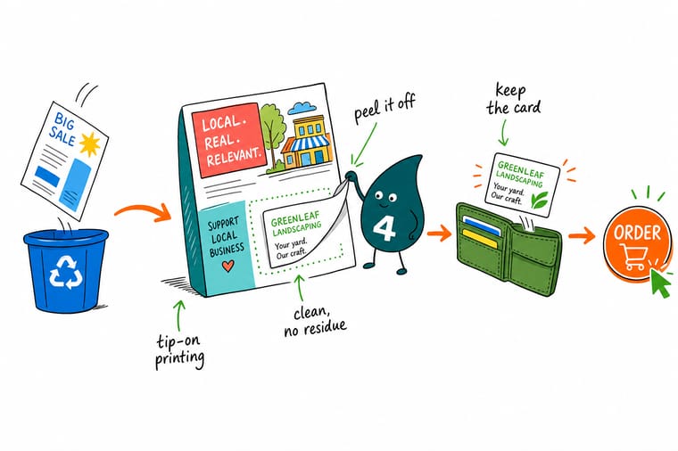 Wally from 4OVER4 peels a tipped-on business card off a direct mail brochure to show the clean, residue-free bond