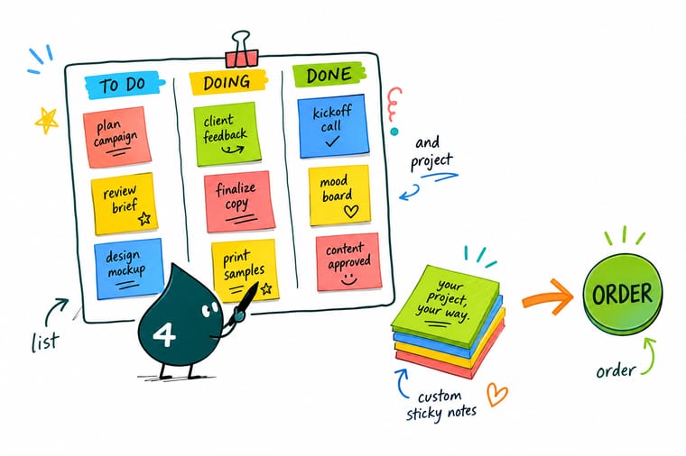 Wally from 4OVER4 arranging branded sticky notes into a to-do list and a Kanban project board on a wall