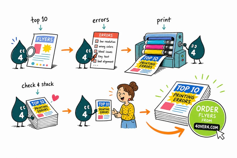 Wally, the 4OVER4 mascot holding a 4, running a design past a checklist that catches color, bleed, resolution, and font errors before the press
