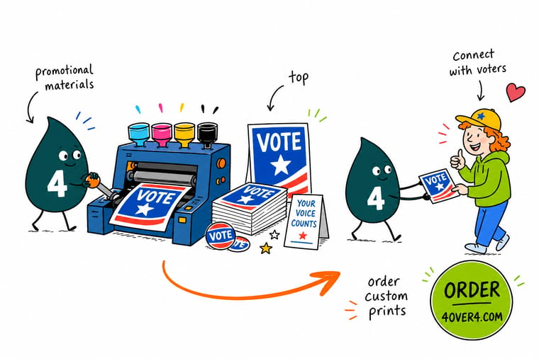 Wally from 4OVER4 planning a campaign print run of yard signs, palm cards, and political stickers