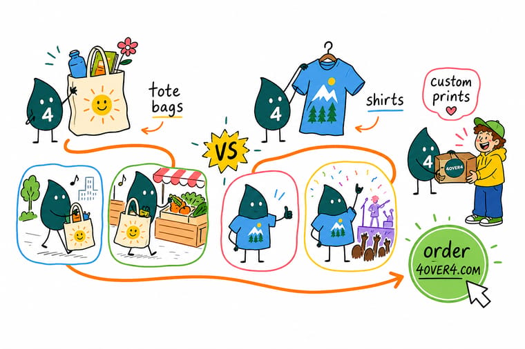 Wally, the 4OVER4 mascot with a 4, holding one printed tote in one hand and a fanned-out stack of six shirt sizes in the other